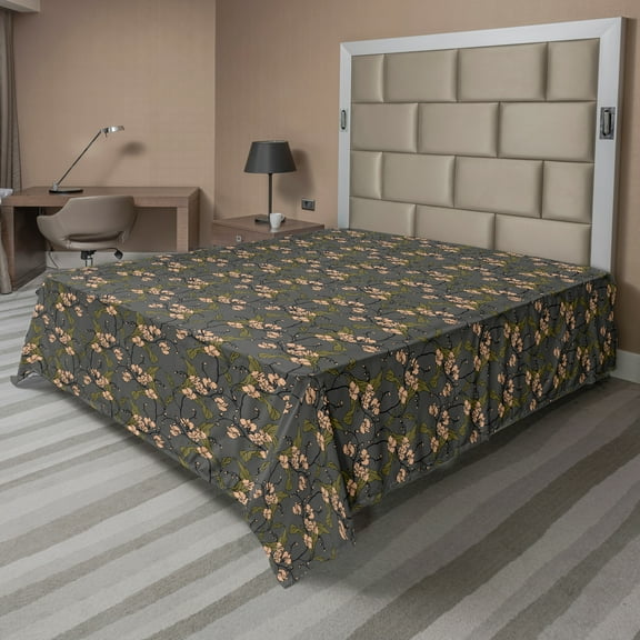 Ambesonne Floral Flat Sheet, Classic Blooming Foliage, California King, Charcoal Grey and Peach