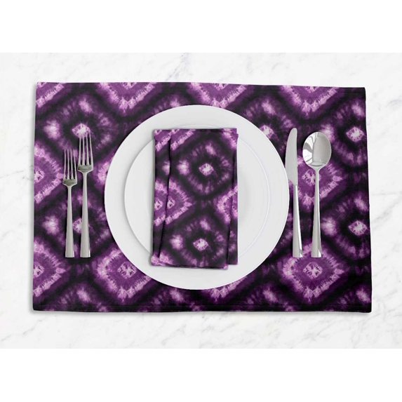 S4Sassy Purple Diamond Tie-Dye Washable Placemats & Napkins Table Decor Dining Mats