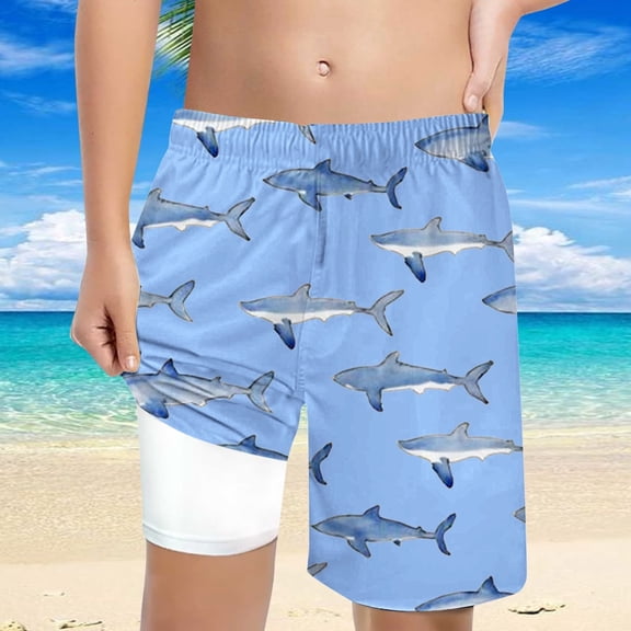 FUZHIQ Boys Swim Shark Print Trunks With Compression Liner Boy Bathing Suit Quick Dry Beach Swimsuit Toddler Swim Shorts,8 Years