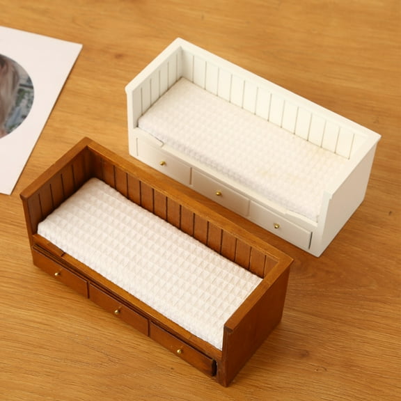 Joernso Miniature Single Bed for Dolls 1:12 Doll House Furniture Retro Wooden Mini Single Bed with 3 Drawers Model for Doll House Bedroom Decor