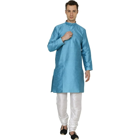 Royal Kurta Men's Silk Blend Self Design Kurta Churidar Turquise