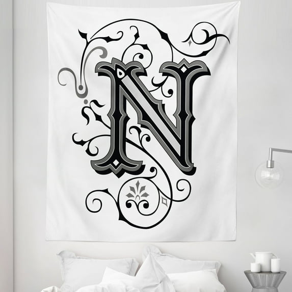 Letter N Tapestry, Middle Ages Inspired Capital N Abstract Elements Black Dark Colored Palette, Fabric Wall Hanging Decor for Bedroom Living Room Dorm, 5 Sizes, Black Grey White, by Ambesonne