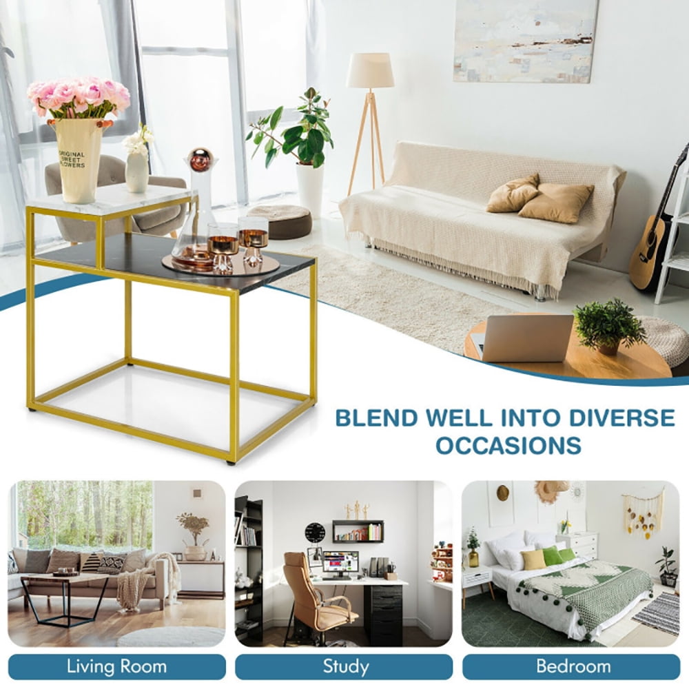 Finihen End Side Table, Rectangular Coffee Table, Gold Metal Frame Side Table, 2 Tier End Side Table with Metal Frame and Storage Shelf, for Living Room, Reception Room, White Finihen End Side Table, Rectangular Coffee Table, Gold Metal Frame Side Table, 2 Tier End Side Table with Metal Frame and Storage Shelf, for Living Room, Reception Room, White