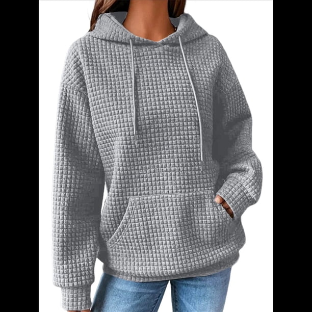 Sudadera con Capucha para Mujer, Informal, de Larga, con Cordón Ajustable, Estilo Waffle, Holgada, con Bolsillo Gris L