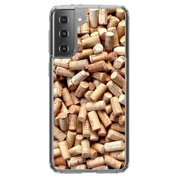 DistinctInk Clear Shockproof Hybrid Case for Galaxy S21  PLUS 5G (6.7" Screen) - TPU Bumper, Acrylic Back, Tempered Glass Screen Protector - Wine Corks Image Print - Printed Cork Image