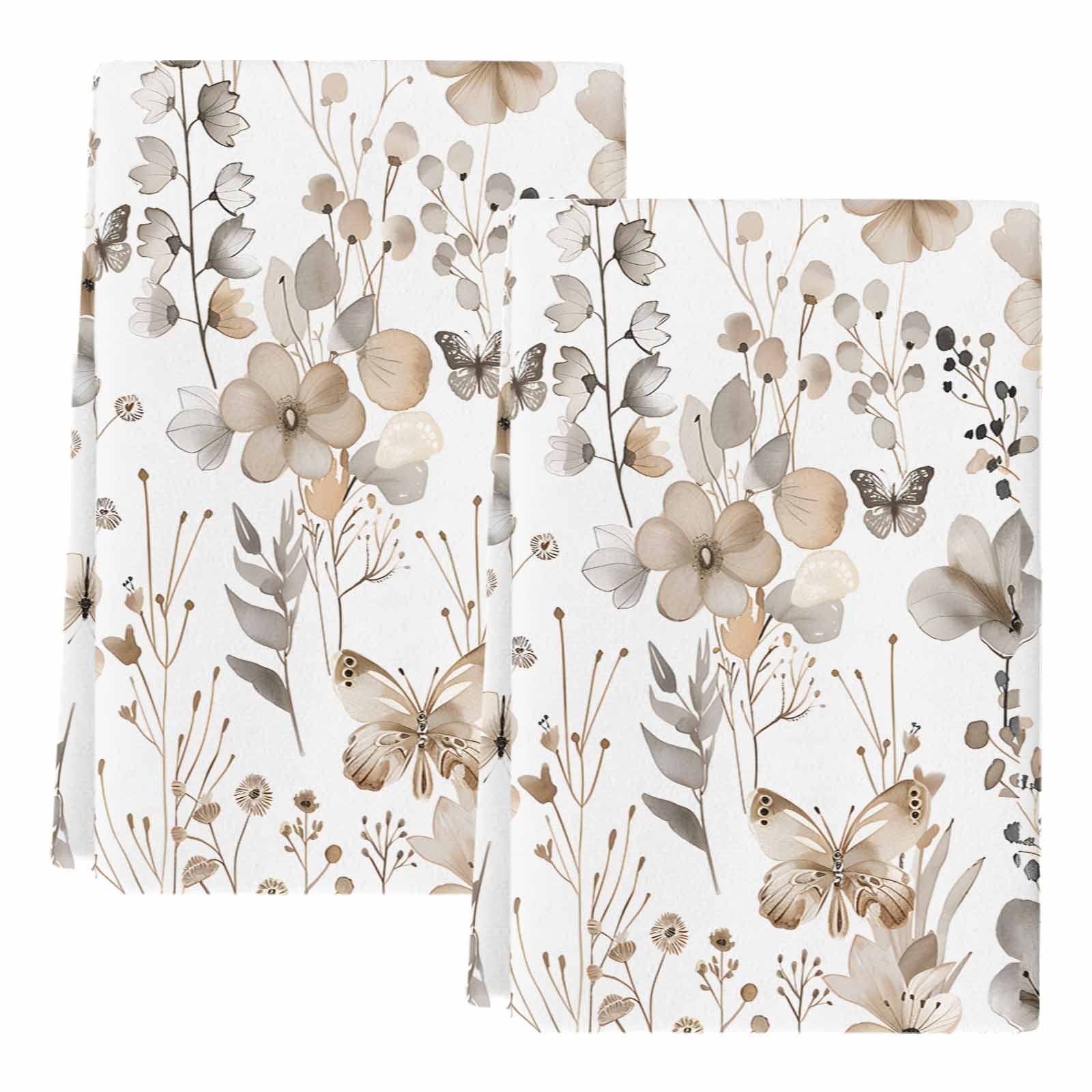 Brown Grey Floral Spring Kitchen Towels Set of 2, Watercolor Botanical Butterfly Absorbent Dish Towels for Kitchen, Microfiber Hand Towel, Quick Drying Tea Towel for Cleaning Decorative Dishcloths