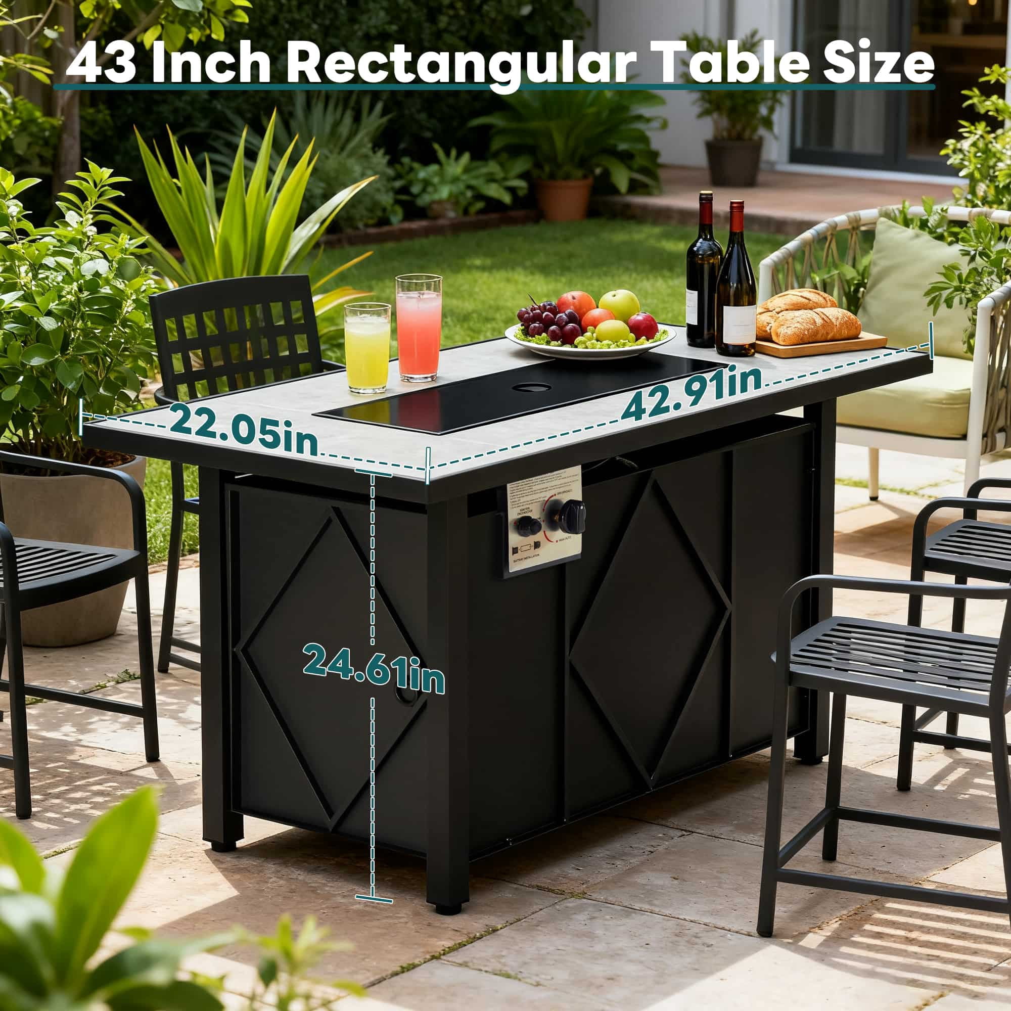 Simenmax 43'' Propane Fire Pit Table, 50,000 BTU Square Outdoor Gas Firepit with Steel Tabletop for Garden, Patio, Deck, Yard