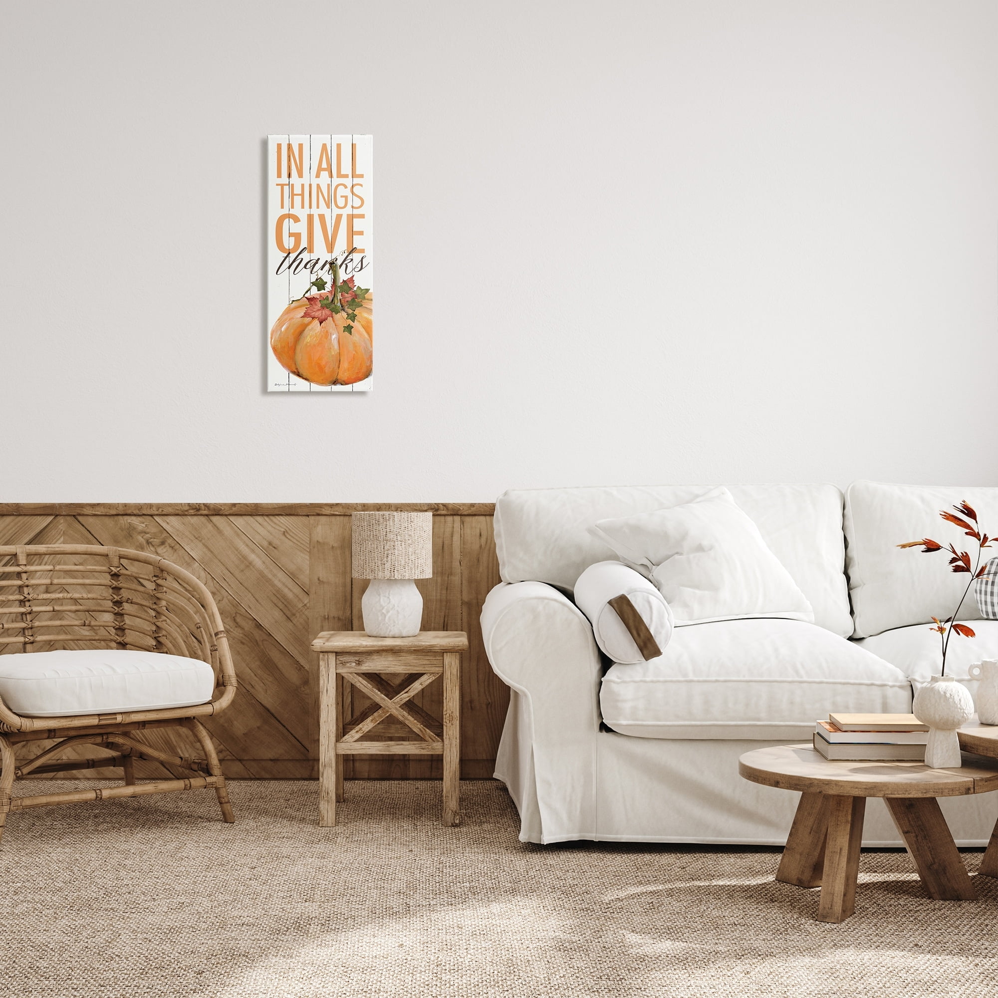In All Things Give Thanks Autumn Leaves Pumpkin 10 in x 24 in Painting Canvas Art Print, by Stupell Home Décor