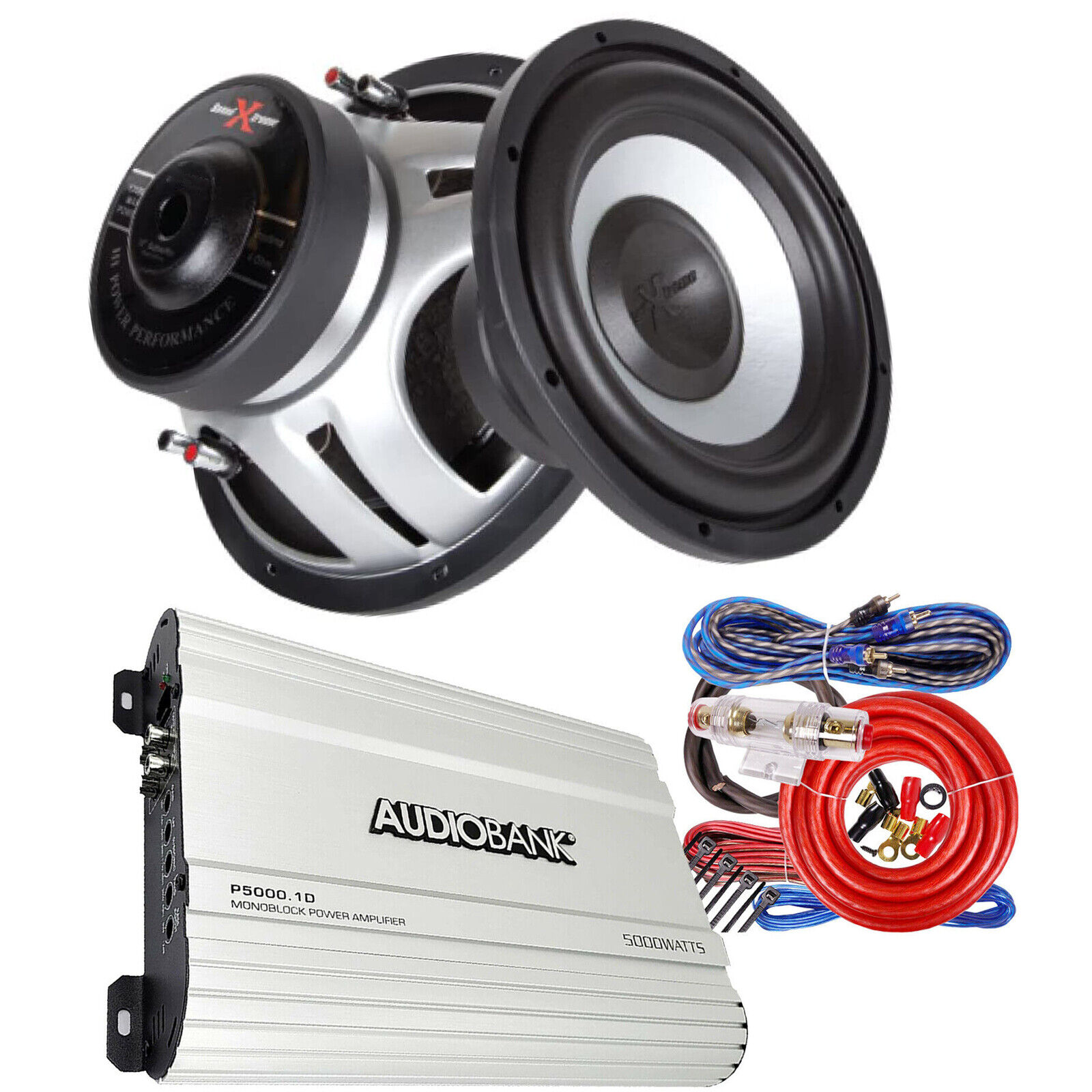 Audiobank 5000W Class D Amplifier + 2x Soundxtreme 12" 2600W Subwoofer + Amp Kit Bundle