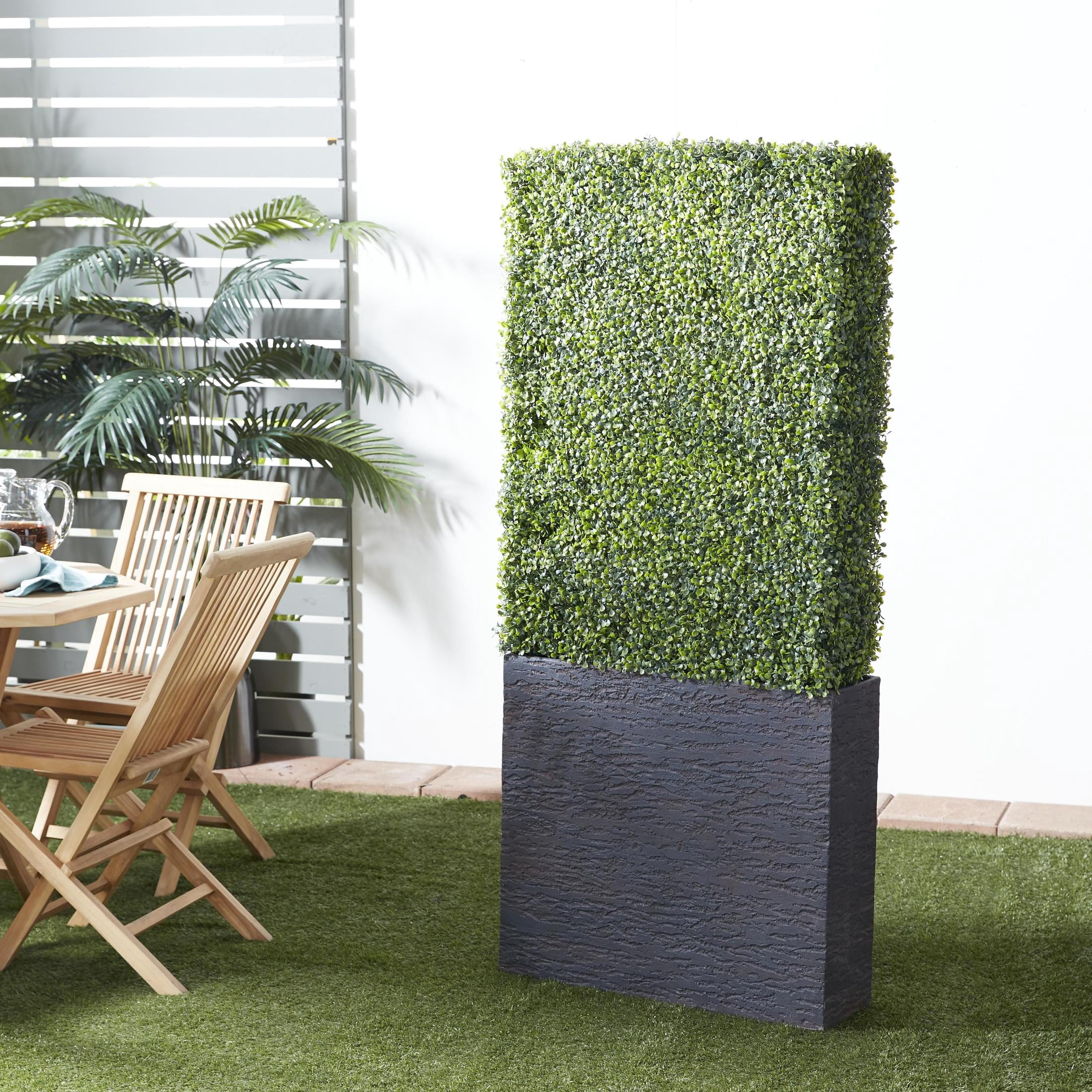 DecMode 66" Tall Boxwood Hedge Artificial Topiary in Realistic Leaves and Black Cement Planter Box
