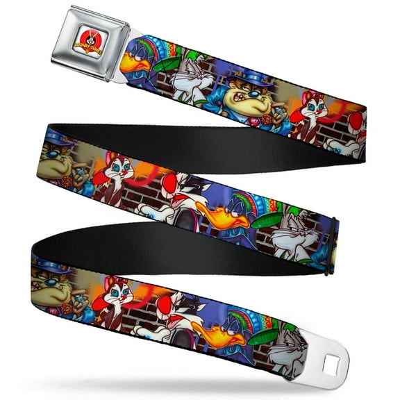 Looney Tunes Belt, Seatbelt Buckle Belt, Looney Tunes Airbrushed Character Poses Brick Wall, Youth 22 to 32 Inches