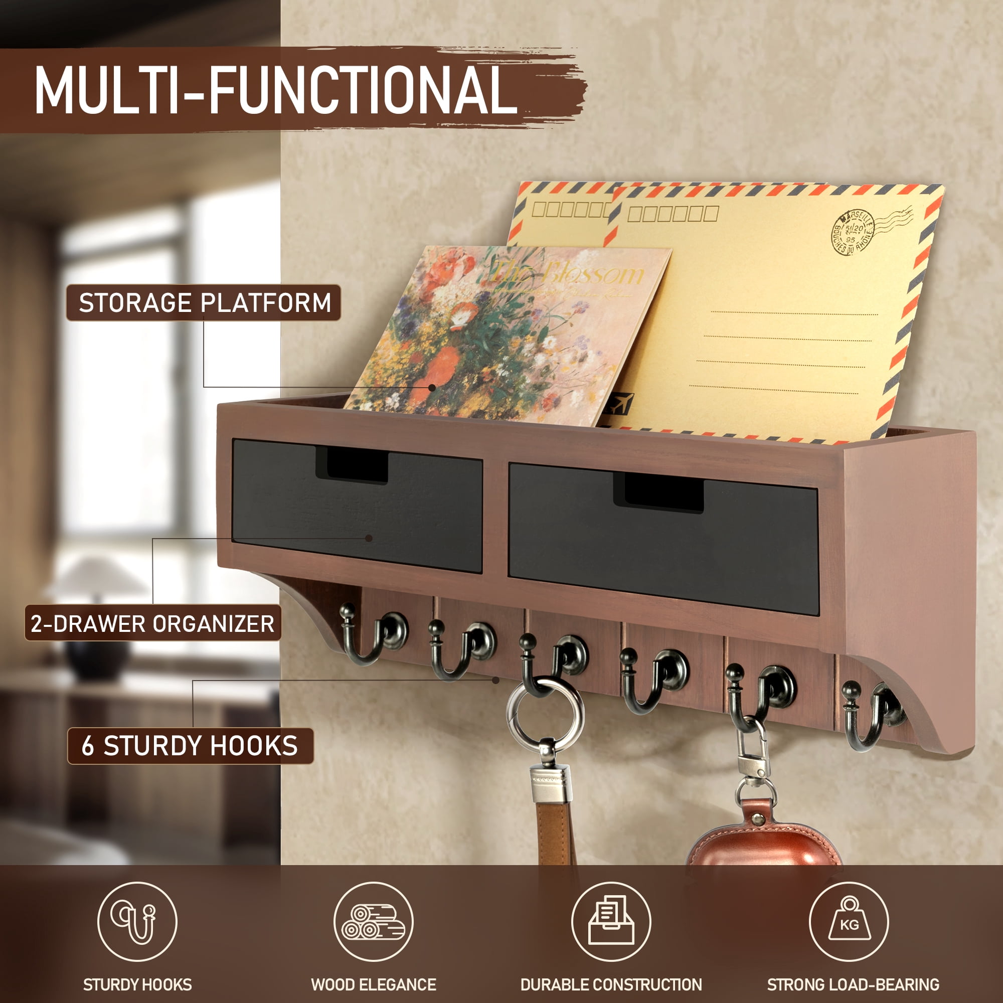 Rebee Vision Key Holder Wall Mount with 2 Drawer Organizer - Farmhouse Mail Organizer with 6 Key Hooks & Shelf (Brown & Black, 14inch)