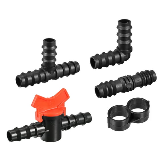 Uxcell Irrigation Fittings Kit 15.5mm Barbed ( 9 Straight 9 Tee Barbs 9 Elbows 9 Stoppers 1 Ball Valve)