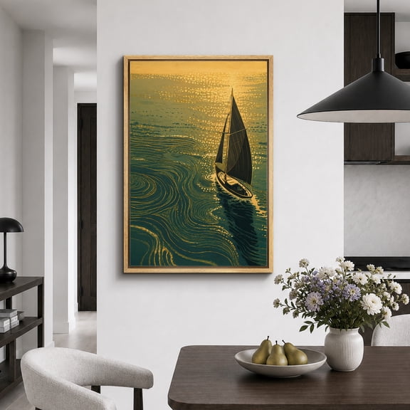 Framed Canvas Print Golden Sailboat Sea Wall Art Coastal Artwork Decoration for Living Room Bedroom - 16"x24" NATURAL Frame