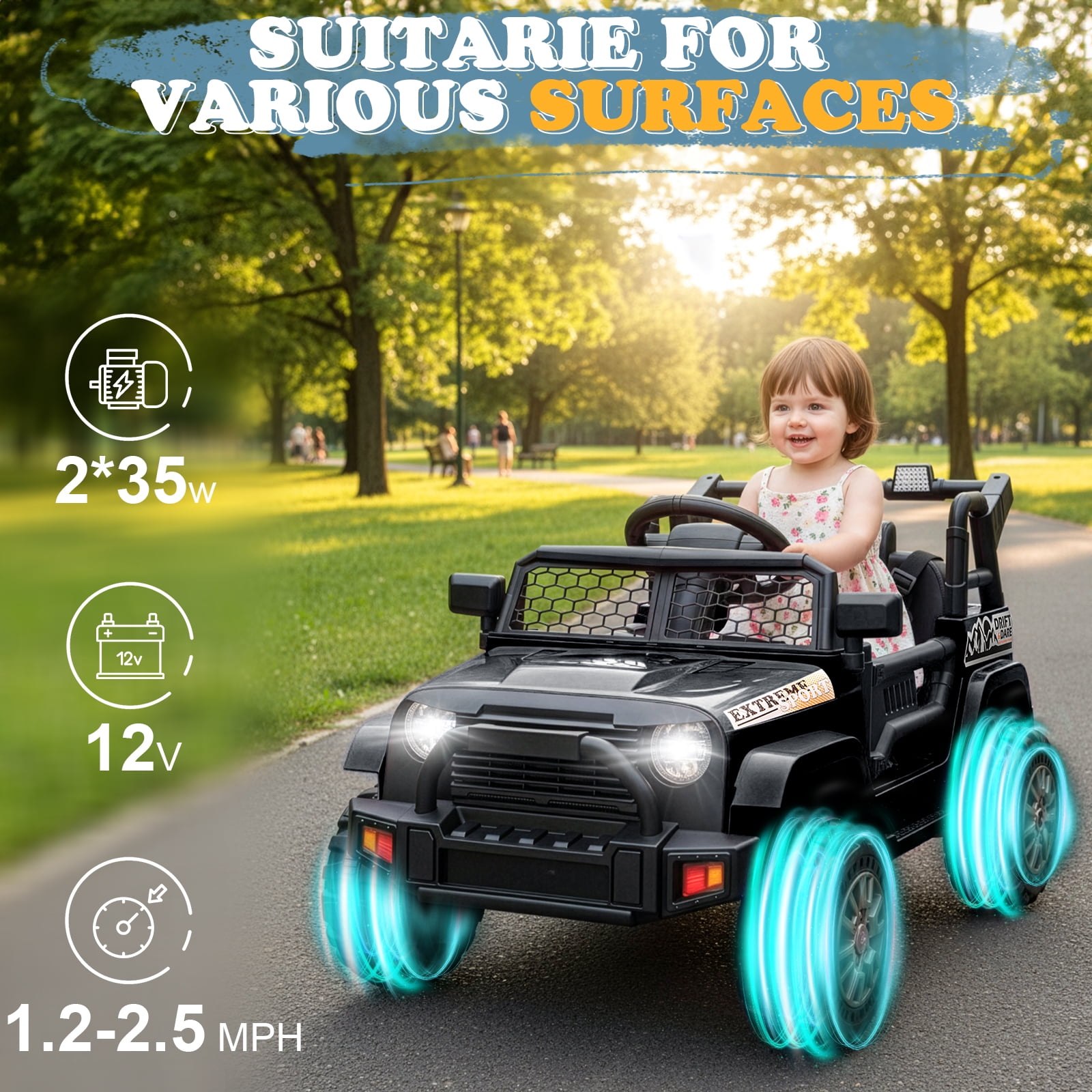Ktaxon 12V Kids Electric Ride on Car, Battery Powered Ride on Toys Truck with Remote Control, Electric Car for Kids w/Bluetooth & Lights, Black