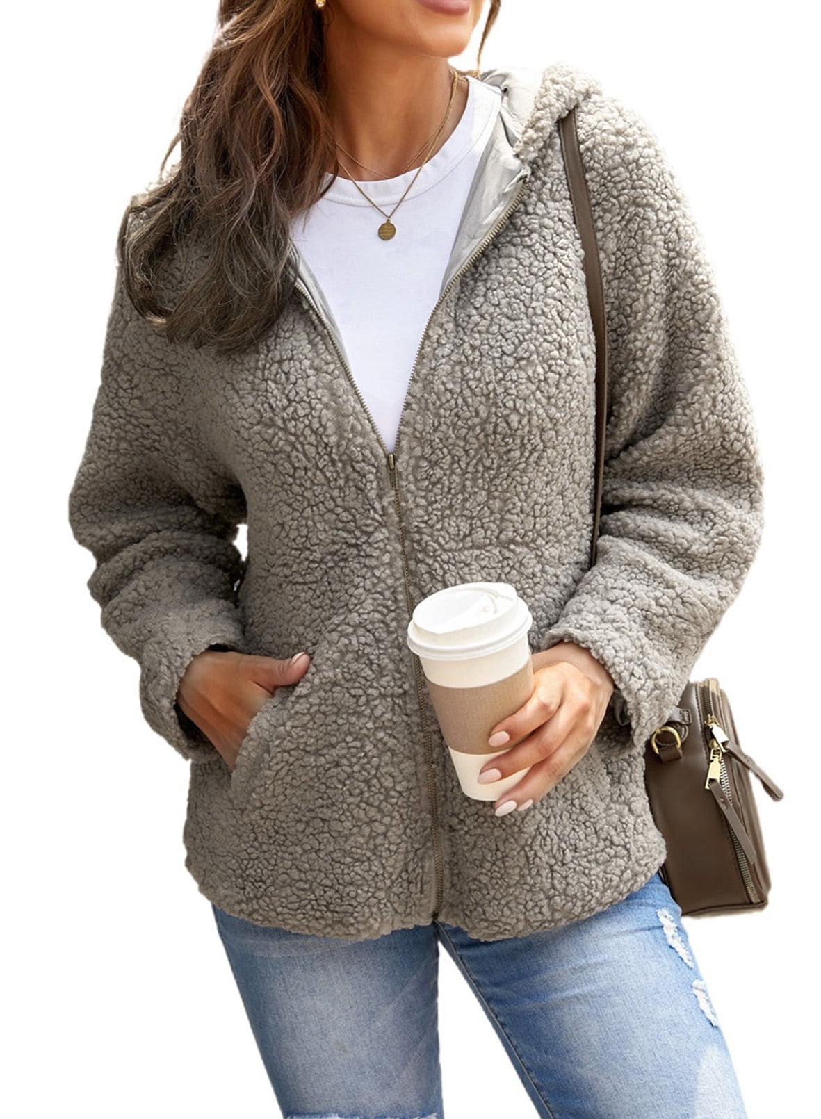 ZKESS Women Fuzzy Fleece Hooded Coats Warm Zip Up Solid Oversized ...