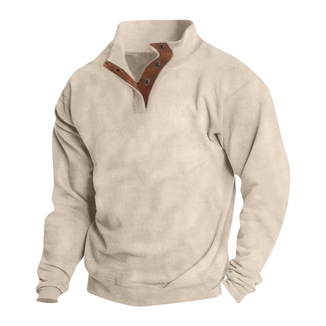 Blusa y camisa de manga larga con cuello alto para hombre, estilo casual, con retazos, color liso, blusa de manga larga con cuello alto y botones para hombre.