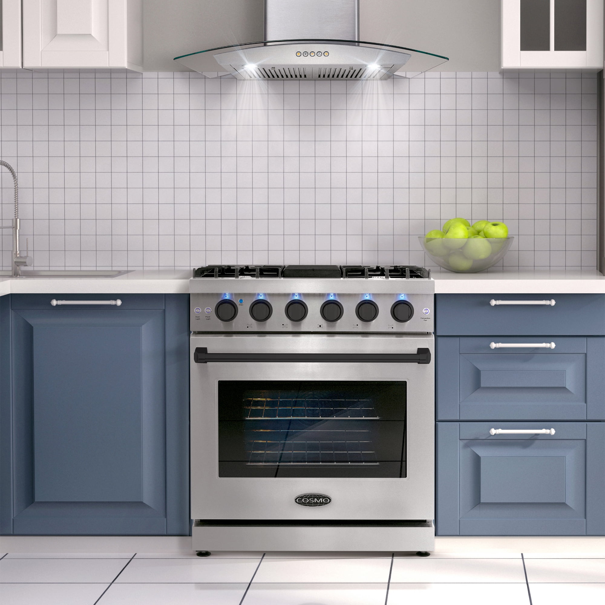 Cosmo 30 in. 4.5 cu. ft. Gas Range, 5 Sealed Burners, Convection Oven, Knob LED Lights, Stainless Steel, Matte Black Handle Knob Kit