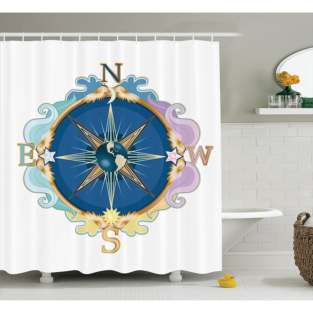 Compass Decor Shower Curtain Set by , Stylized Compass Navigation Theme