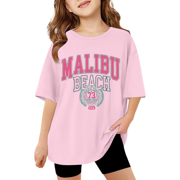 ibiyuan Girl Shirts Fashionable Graphic Print Casual Tee For Girls Playful Daily Wear Soft Comfort Fit Youth Top Design For Kids Pink