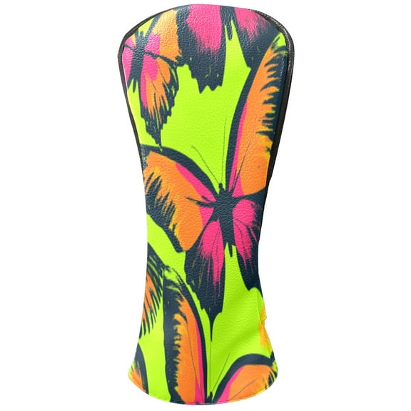 Golf Club Head Cover Waterproof Leather Golf Accessories HeadCovers Set Driver Headcover for Women Men Neon Green And Orange Butterfly Pattern