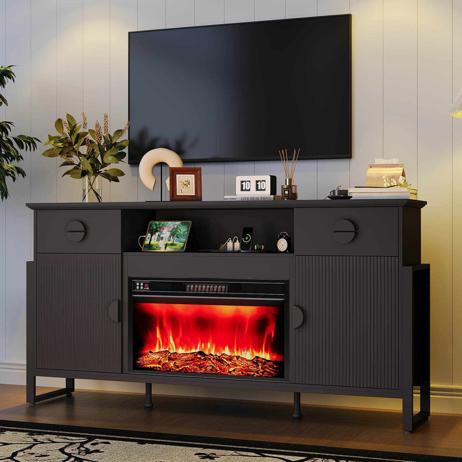 Holliwill 70" TV Stand for TVs up to 80" with 30" Electric Fireplace & Charging Station, Modern Fluted Entertainment Center with Drawers for Living Room, Black
