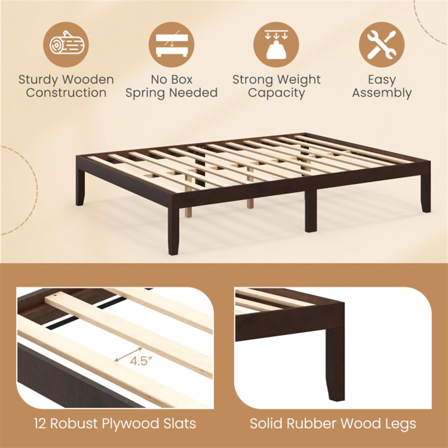 Demi Bonn Queen Size Bed Frame with Wooden Slats Support and Rubber Wood Legs, Acacia Wood Platform Bed Frame with Under Bed Storage, No Box Spring Needed, Brown