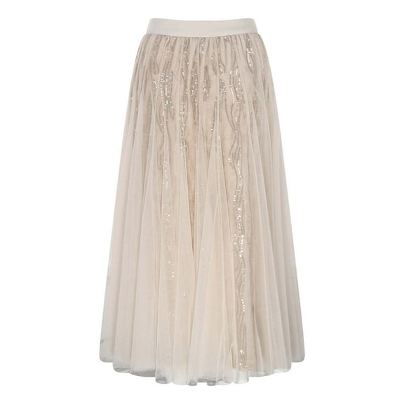 Sequin Skirt Elastic High Waisted A-Line Sparkle Pleated Skirts Color:Beige Size:L