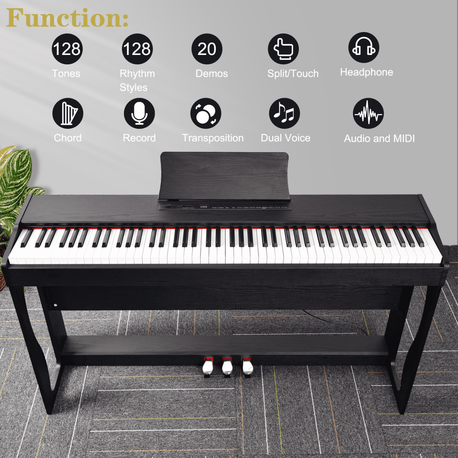 Hassch Digital Piano 88-Key for All Experience Levels, Electric Keyboards Piano with Furniture Stand, Power Adapter, Triple Pedals and Headphone, Black