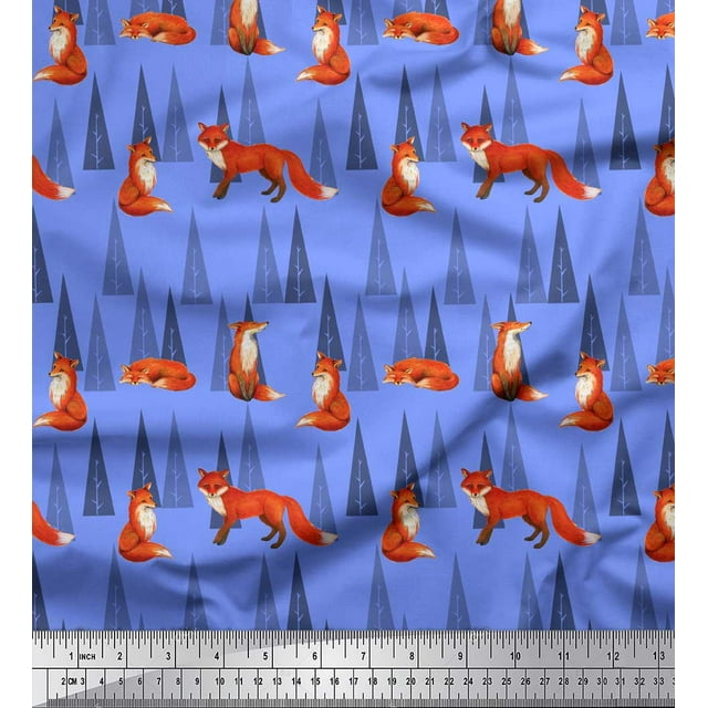 Soimoi Blue Rayon Fabric Artistic Tree & Wolf Animal Printed Craft Fabric by the Yard 42 Inch Wide