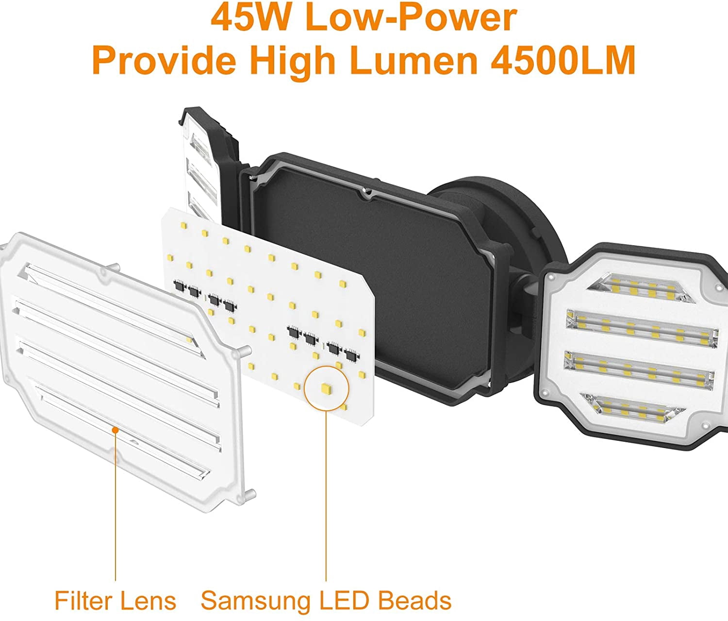 LEPOWER 45W 4500LM LED Flood Light Outdoor,3 Adjustable Heads IP65 Waterproof for Garage,Yard,Porch