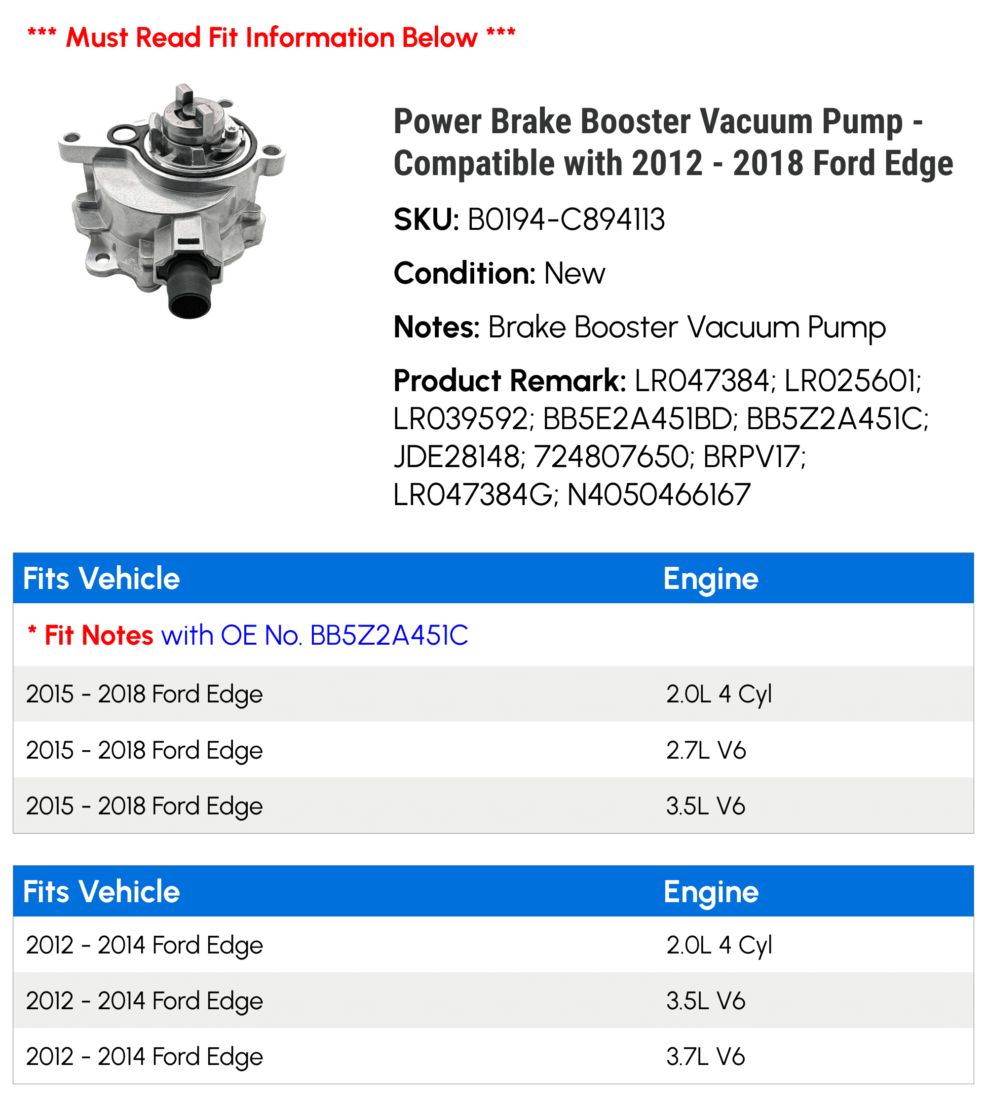 Power Brake Booster Vacuum Pump - Compatible with 2012 - 2018 Ford Edge - Replacement