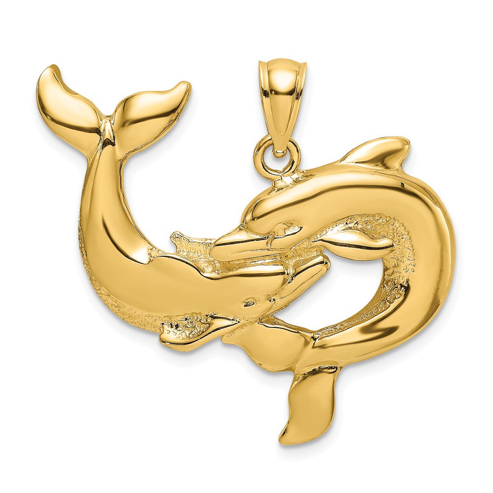 Two Dolphins Pendant Solid 14k Yellow Gold Fish Charm Polished Fashion Design Small 12 x 13 mm