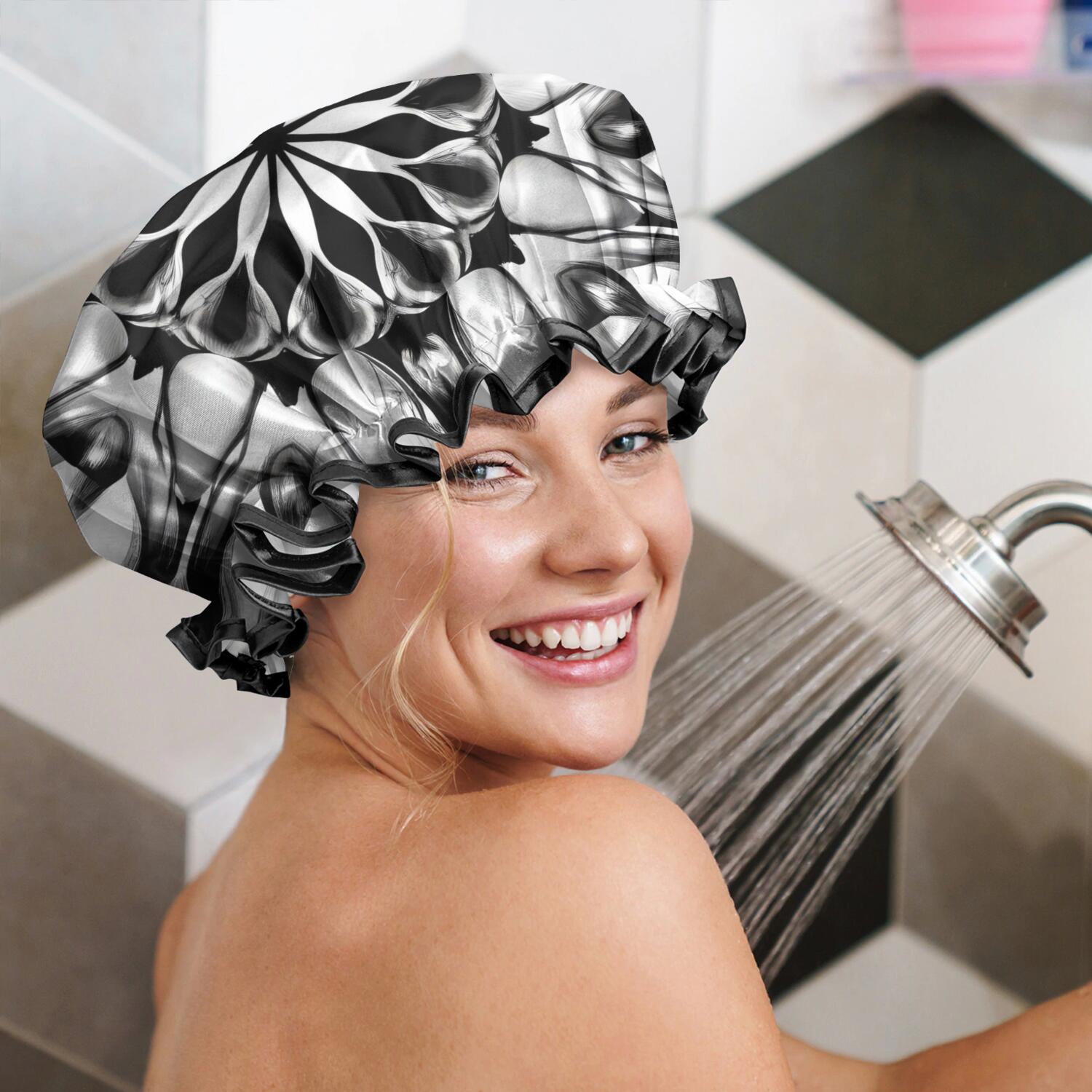 Shower Caps,Black White Tie Dye Mandala Pattern Waterproof Shower Cap for Women 4 Pieces,Double Reusable Hair Cover for Shower PEVA Elastic Stretch Hem