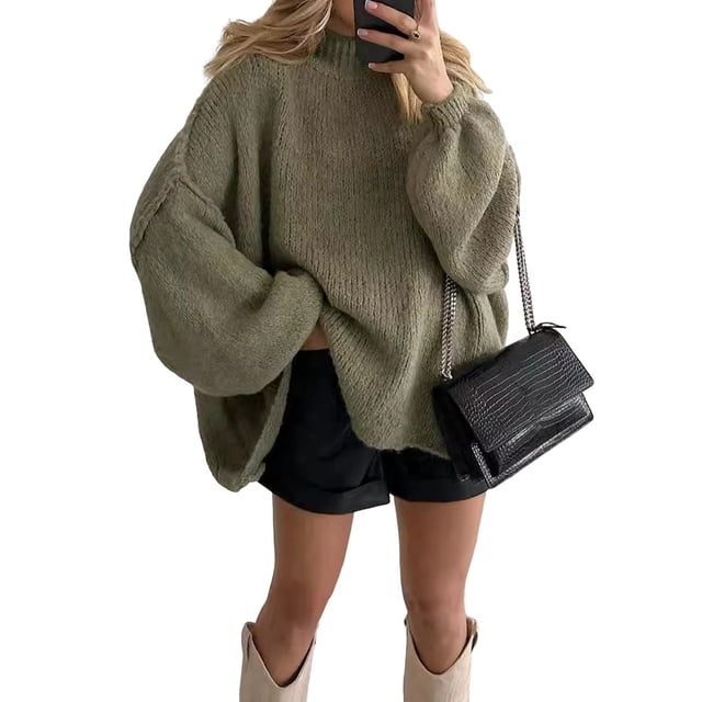 Suéteres de Cuello Alto de Gran Tamaño para Mujer, Jerseys de Punto Grueso de Larga, Ropa de Moda de Invierno, Otoño Verde L