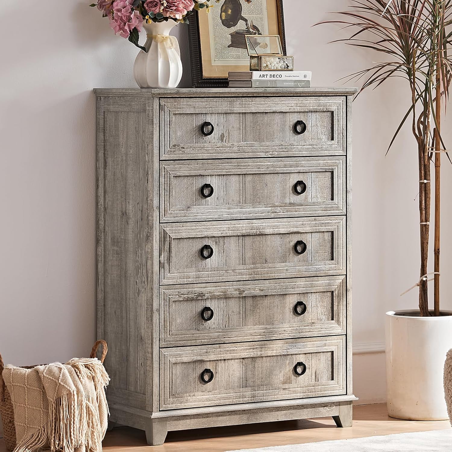Farmhouse 5 Drawer Dresser for Bedroom 42 Tall Chest of Drawers | Rustic Wood Dresser with Metal Handle Storage Organizer Closet for Living Room Hallway Entryway Oak