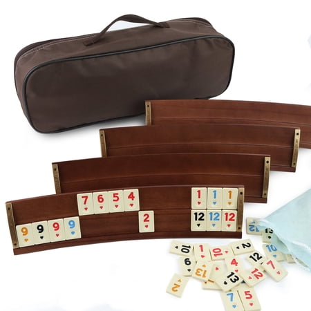 Wooden Rummy Game Set with 106 Tiles & Carry Bag, Curved Ergonomic Oval Racks, Turkish Okey Family Board Game for Game Night, Rummikub Set
