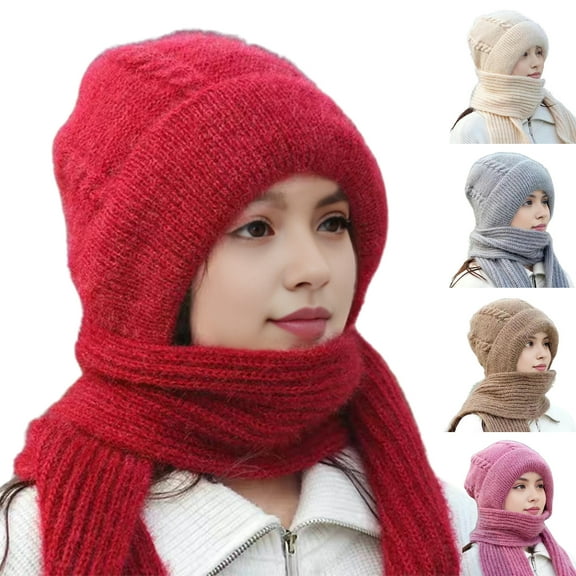 Beanie Hat Scarf for Women, Integrated Ear Protection Windproof Cap Scarf 2 in 1 Scarf Ear Guard Hat Thick Winter Knitted Hat