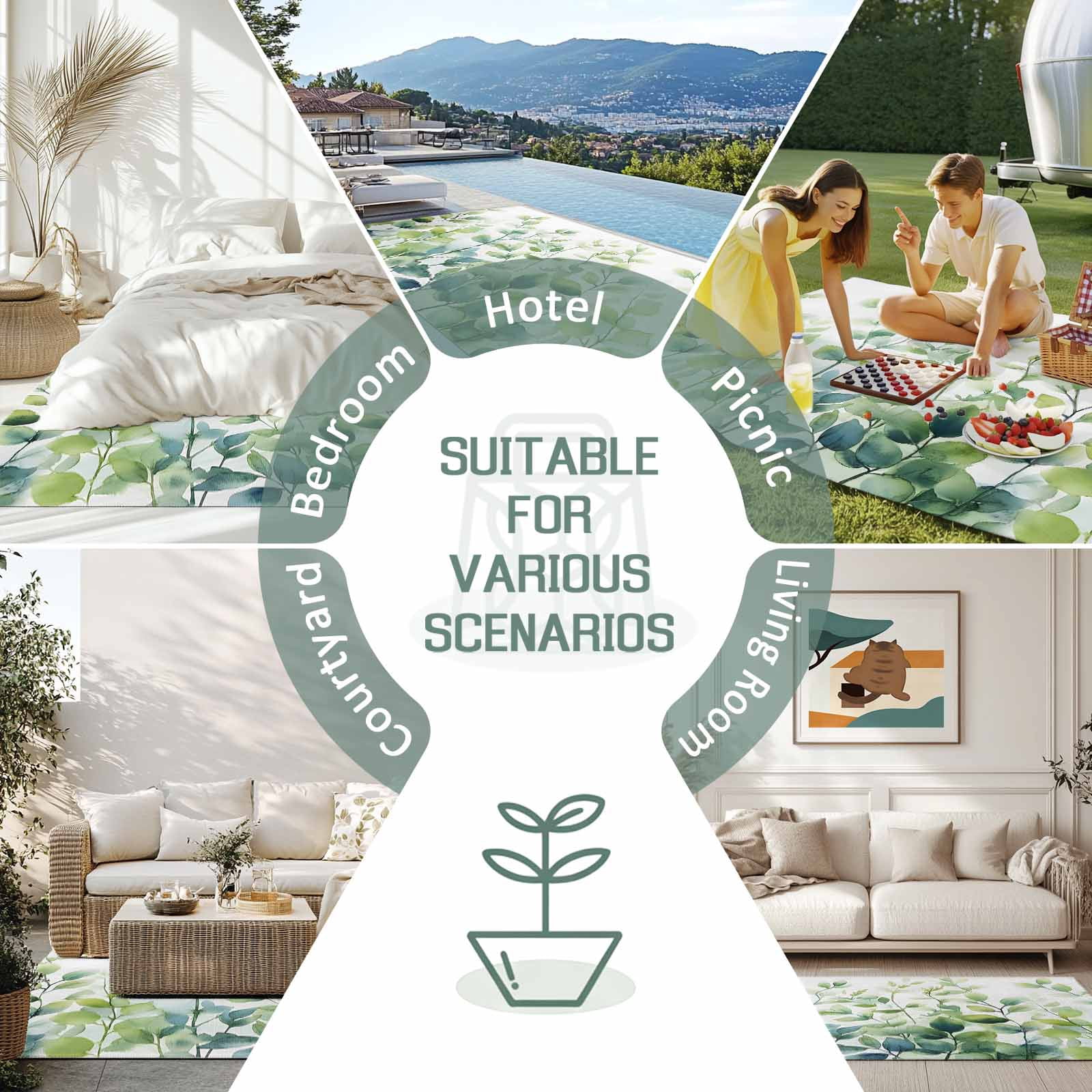 Outdoor Rug 5x8ft Watercolor Eucalyptus Leaves Large Area Rug Ombre Green Indoor Outdoor Carpet Outdoor Rugs Mats for Patio Camping,RV,Front Door, Outside Decor