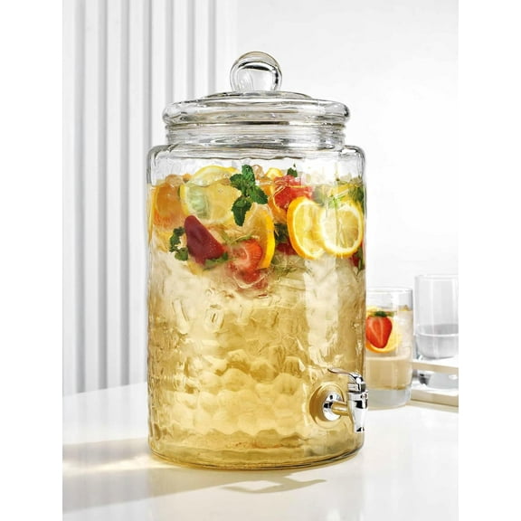 3-Gallon Drink Dispenser Hammered Glass Beverage Dispenser