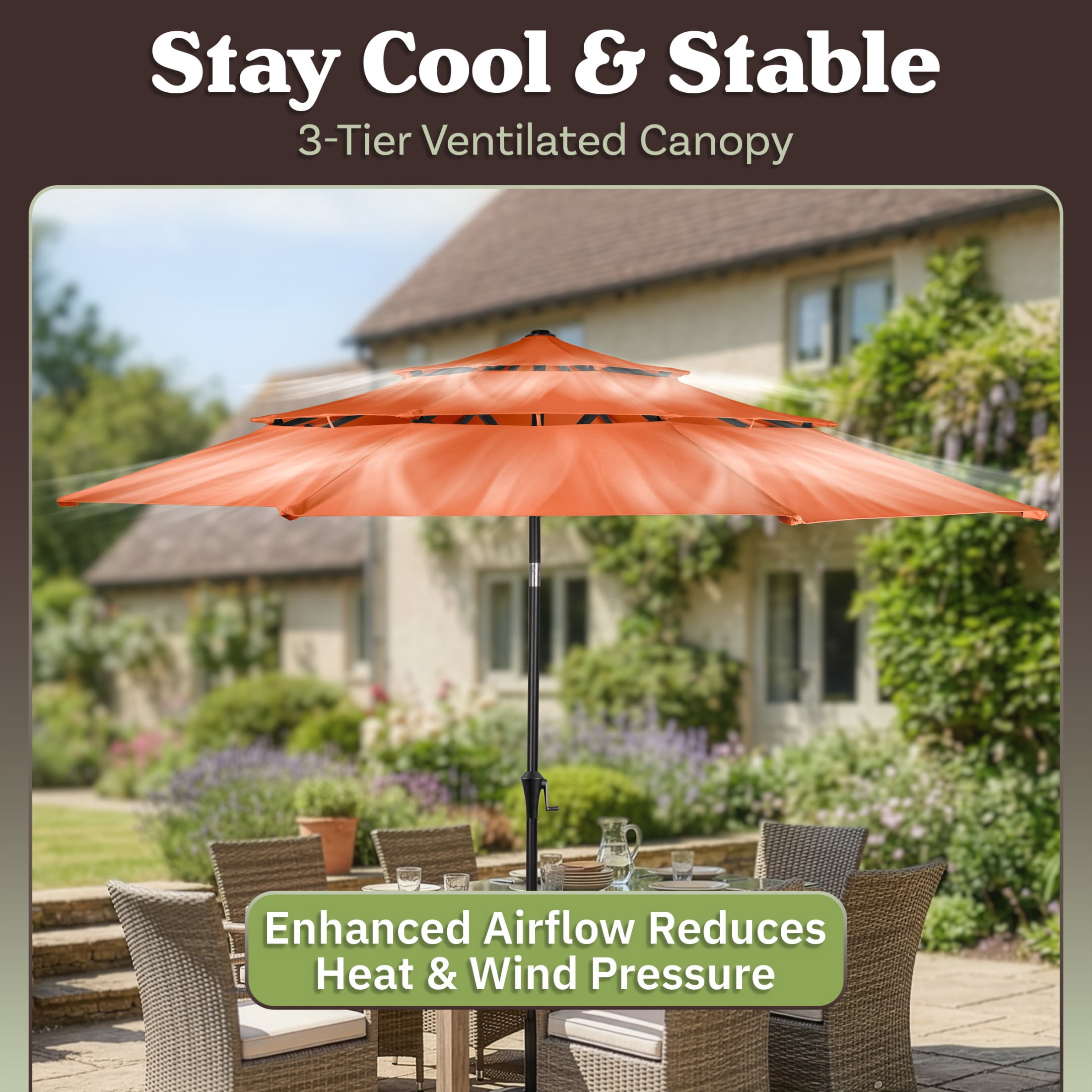 Pure Garden 10ft 3-Tier Umbrella for Patio Shade Canopy with 19lb Base, Orange