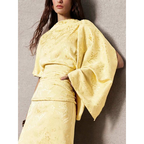 Yellow Jacquard Asymmetric One-Shoulder Fitted Mid-Length Dress