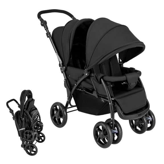ELLEGNT Folding Twin Stroller with Tandem Seats, Adjustable Backrest, Canopy and Lockable Wheels, Black