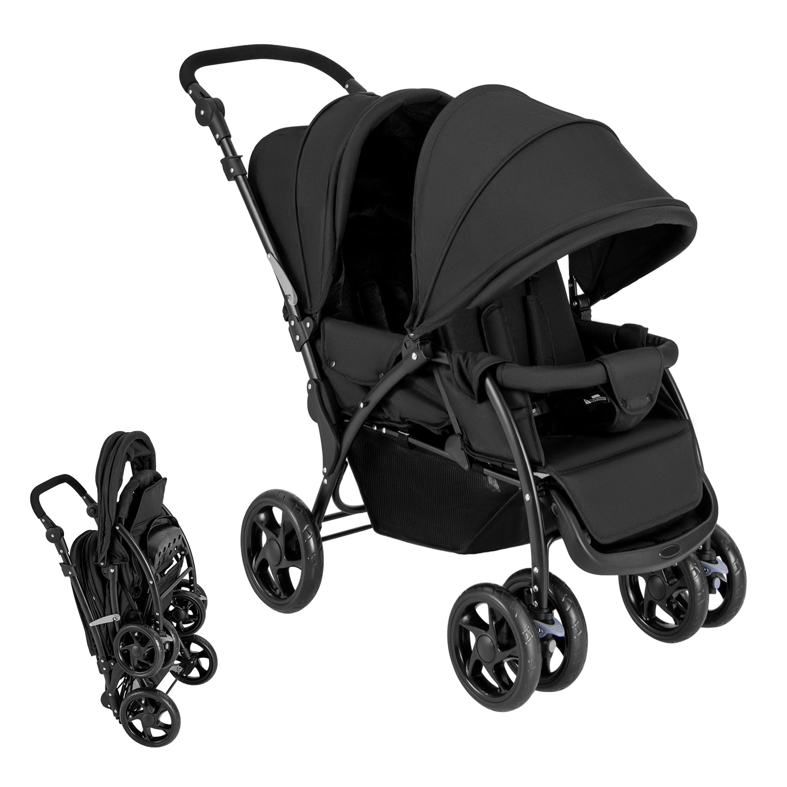 ELLEGNT Folding Twin Stroller with Tandem Seats, Adjustable Backrest, Canopy and Lockable Wheels, Black