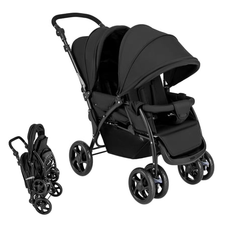 ELLEGNT Folding Twin Stroller with Tandem Seats, Adjustable Backrest, Canopy and Lockable Wheels, Black