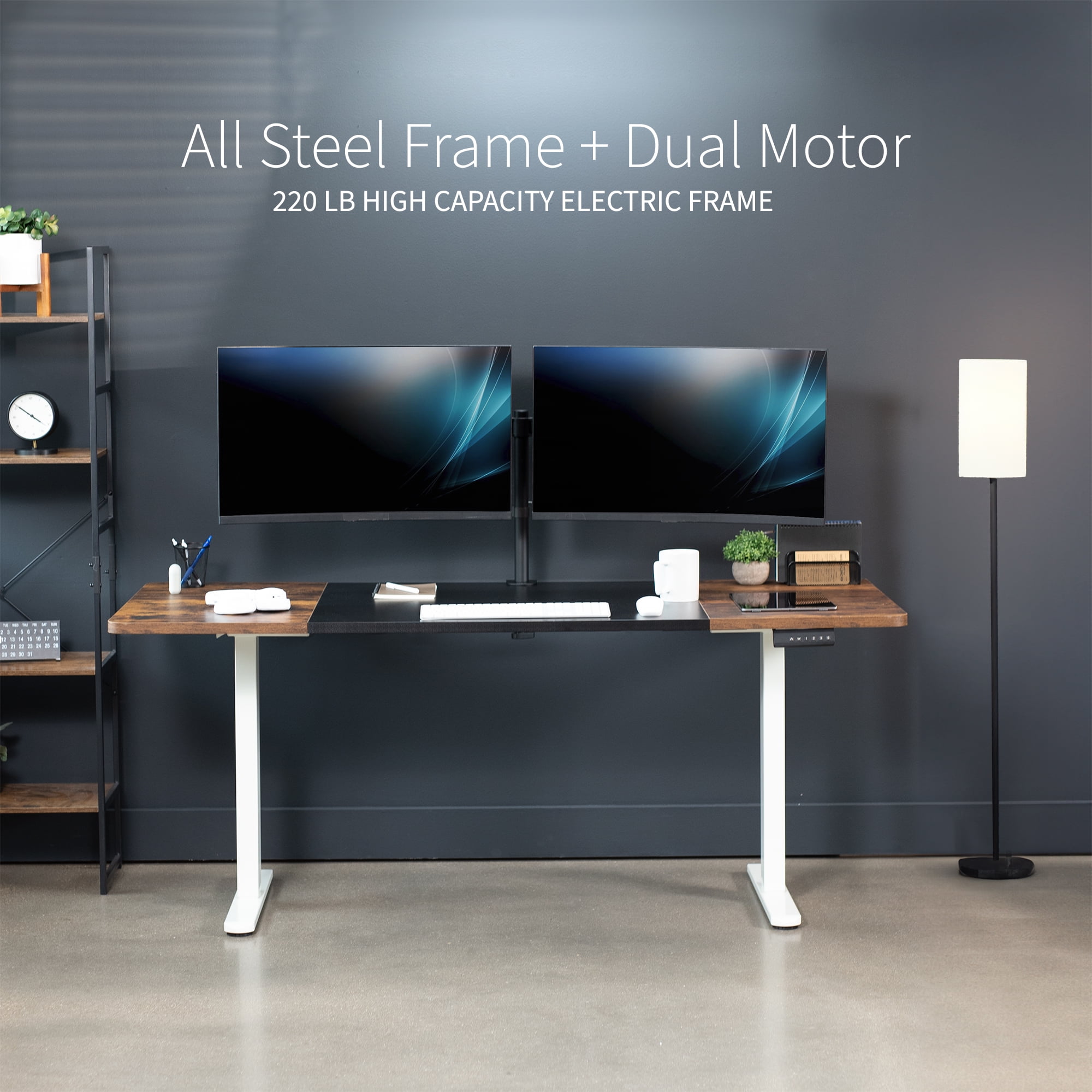 VIVO Electric Dual Motor 71” x 30” Desk, Black & Vintage Brown Top, White Frame