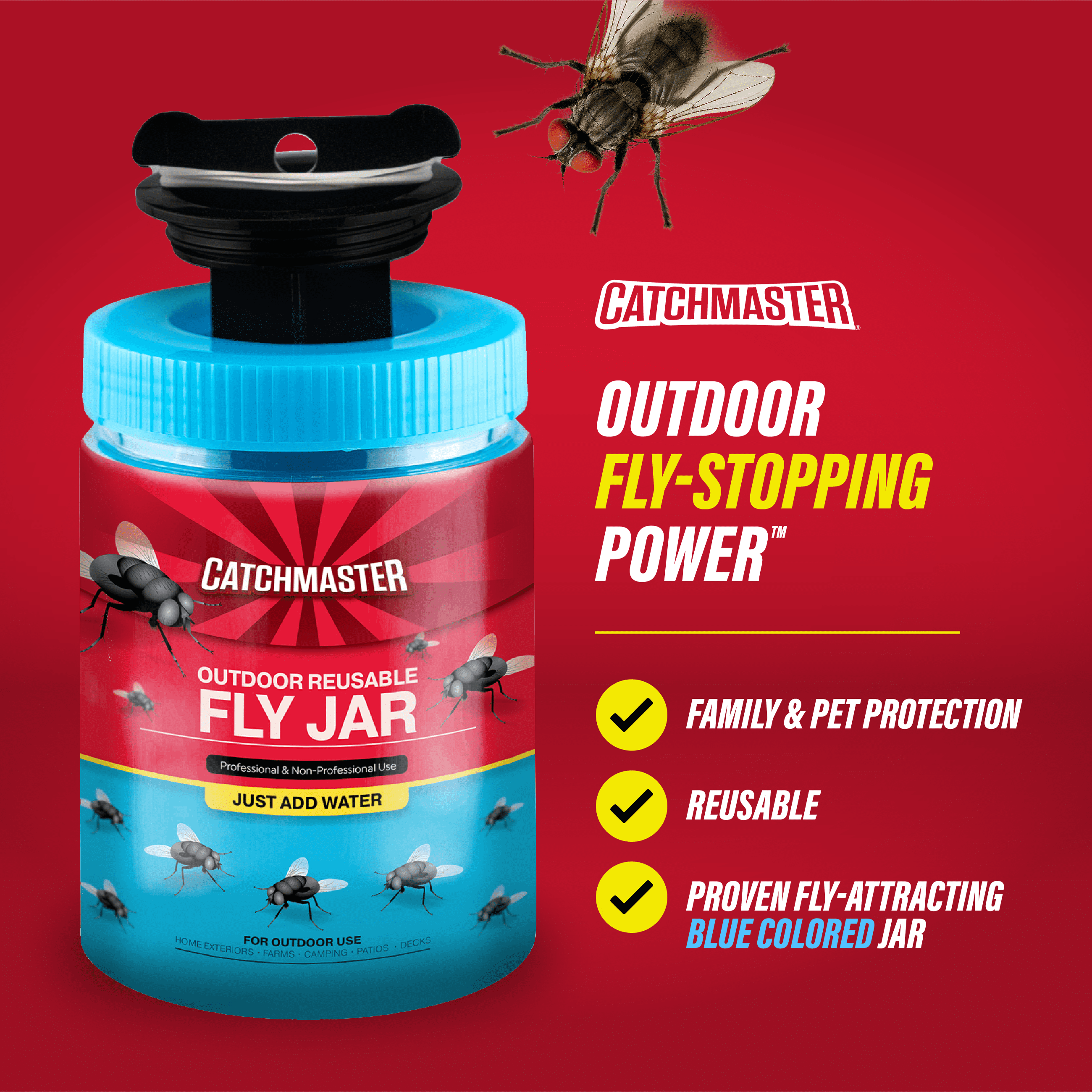 Catchmaster Reusable Outdoor Fly Traps with Fly Bait – 2 PK Hanging Fly Trap Jars