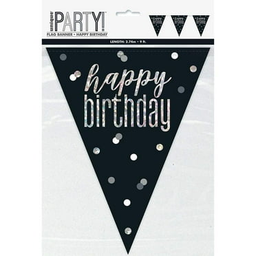 Dazzling Glitz Black & Silver Prismatic Happy Birthday Plastic Flag Banner (274cm) - Perfect for Party Decoration, Celebrations & More - 1 Pc