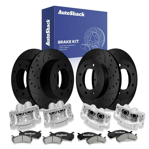 AutoShack Front & Rear Drilled & Slotted Brake Rotors Ceramic Brake Pads Calipers | Replacement for GMC Sierra 2500 HD Chevrolet Silverado 2500 HD | Black E-Coated | 16-PC Brake Kit | NightGuard