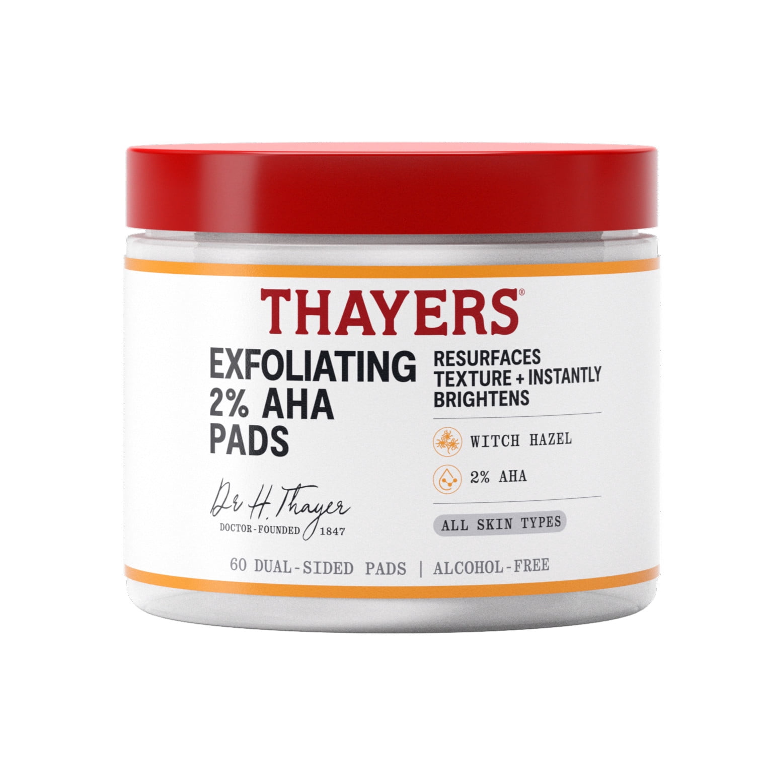 THAYERS Exfoliating 2% AHA Toner Pads, Dual-Sided Exfoliating Pads with Witch Hazel, Glycolic Acid, Lactic Acid to Resurface Skin Texture and Instantly Brighten, For All Skin Types, 60 Count